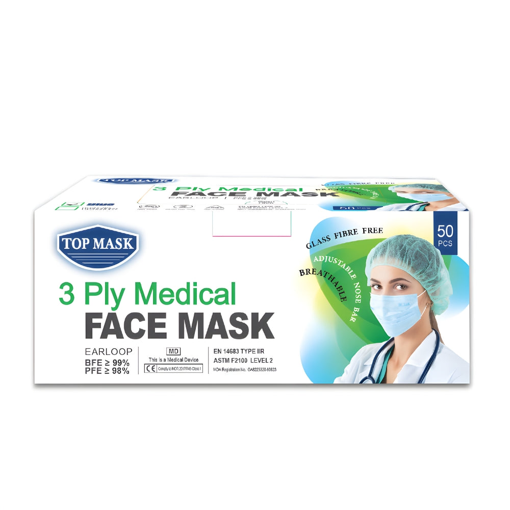 Masque médical à 3 épaisseurs, bleu - 50 pièces par boîte